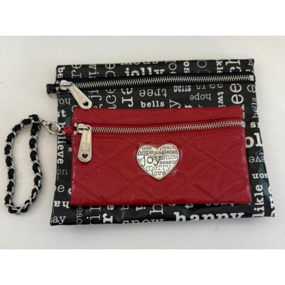 Brighton Holiday Wristlet Pouch Set Red Quilted Heart Black Joy Script Bag‎